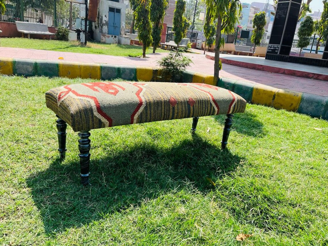 Kilim Bench Wood Work Ottoman – Handmade Wool Jute Furniture
