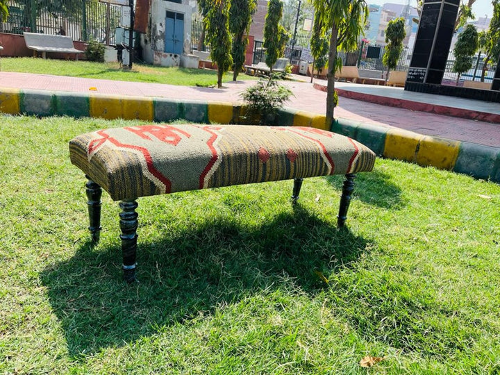 Kilim Bench Wood Work Ottoman – Handmade Wool Jute Furniture