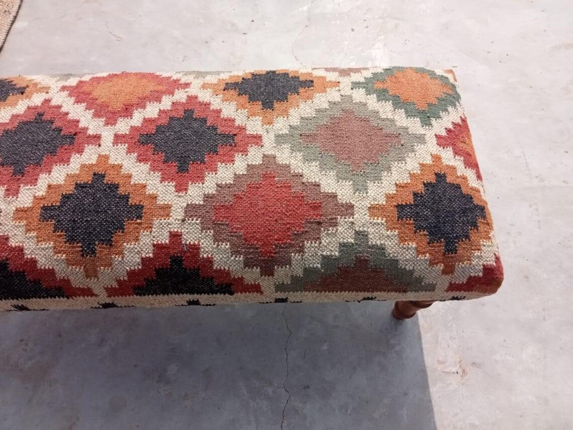 Kilim Bench Wood Work Ottoman – Handmade Wool Jute Furniture