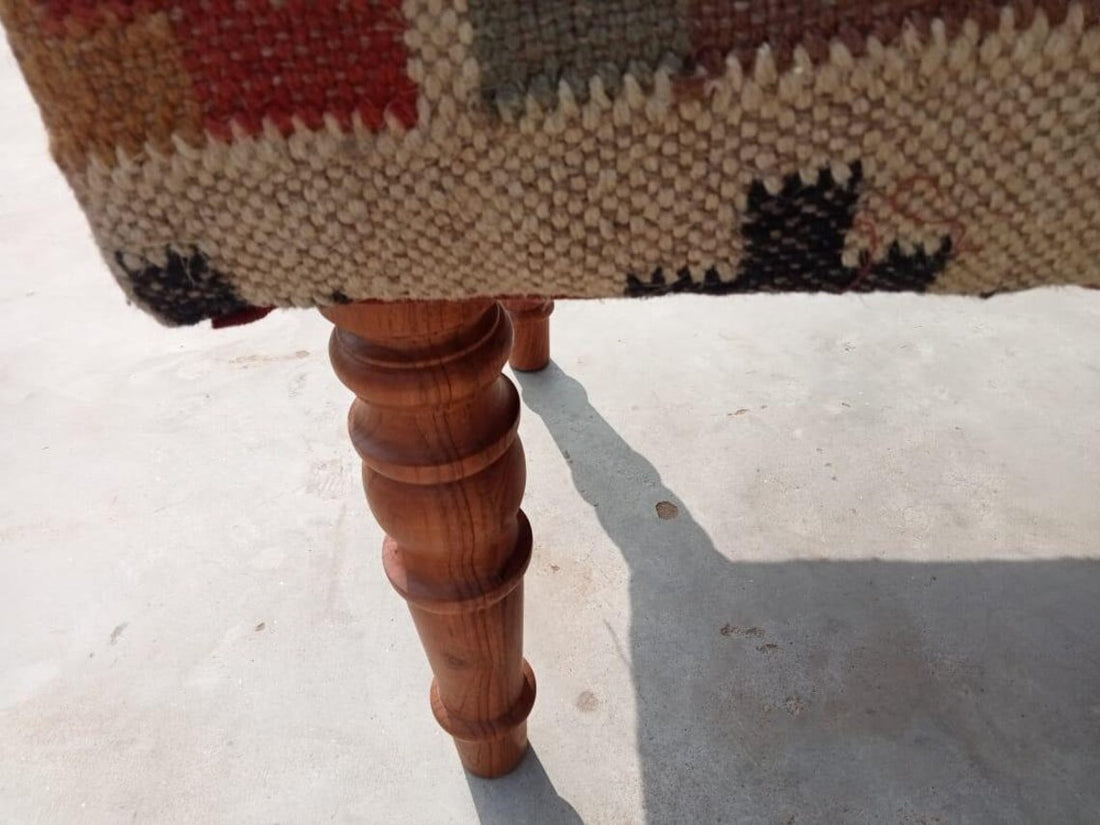 Kilim Bench Wood Work Ottoman – Handmade Wool Jute Furniture
