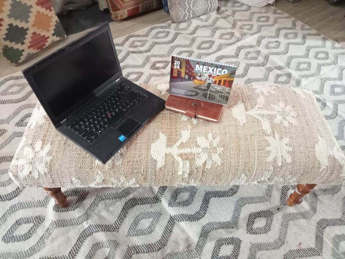 Jute Cotton Wooden Bench – Handmade Footstool & Ottoman