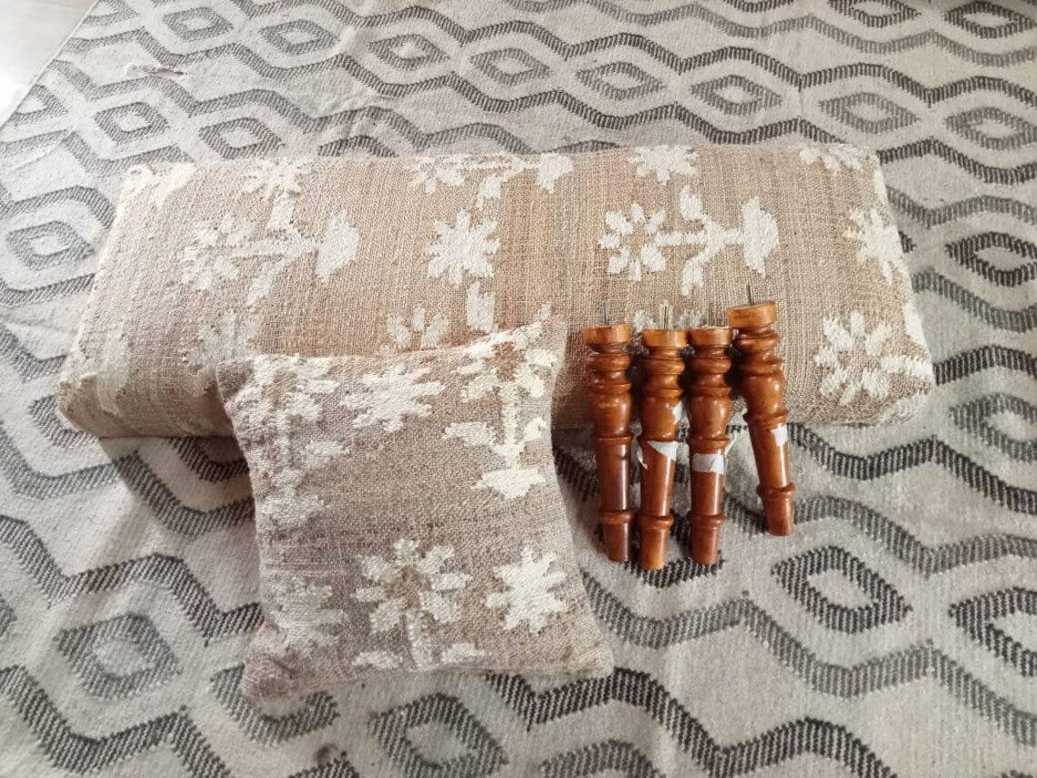 Jute Cotton Wooden Bench – Handmade Footstool & Ottoman