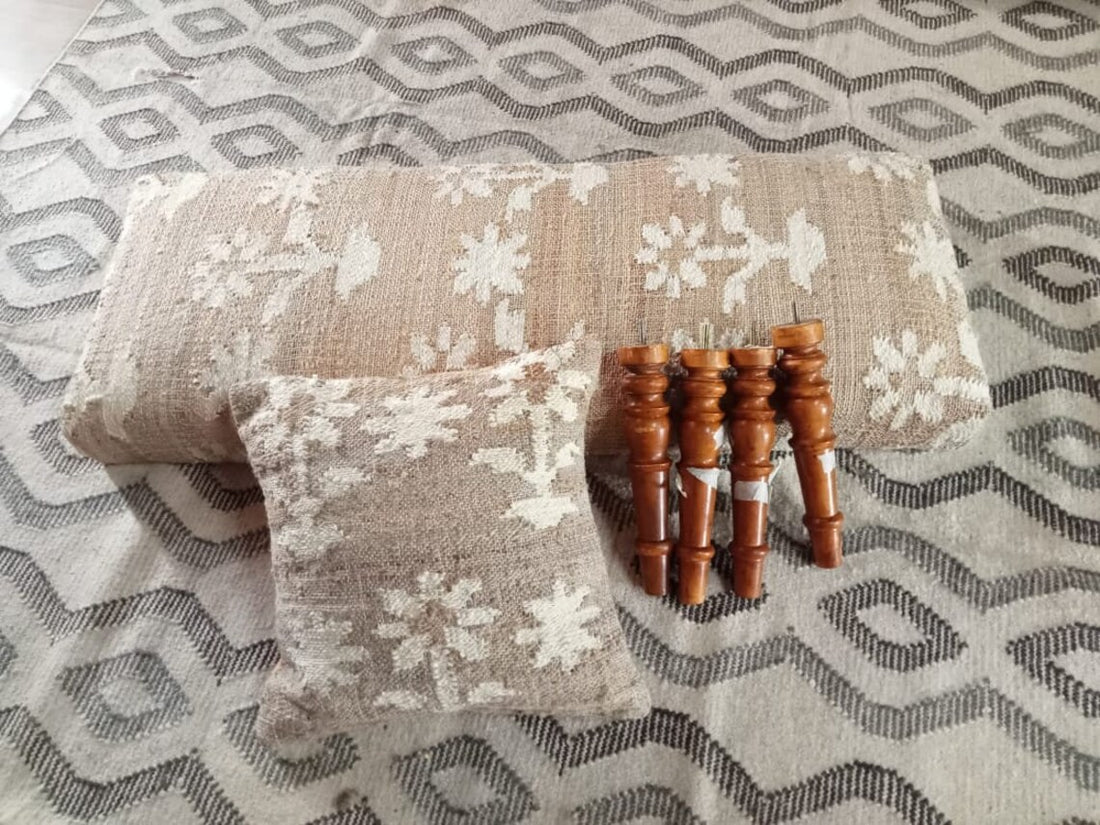 Jute Cotton Wooden Bench – Handmade Footstool & Ottoman