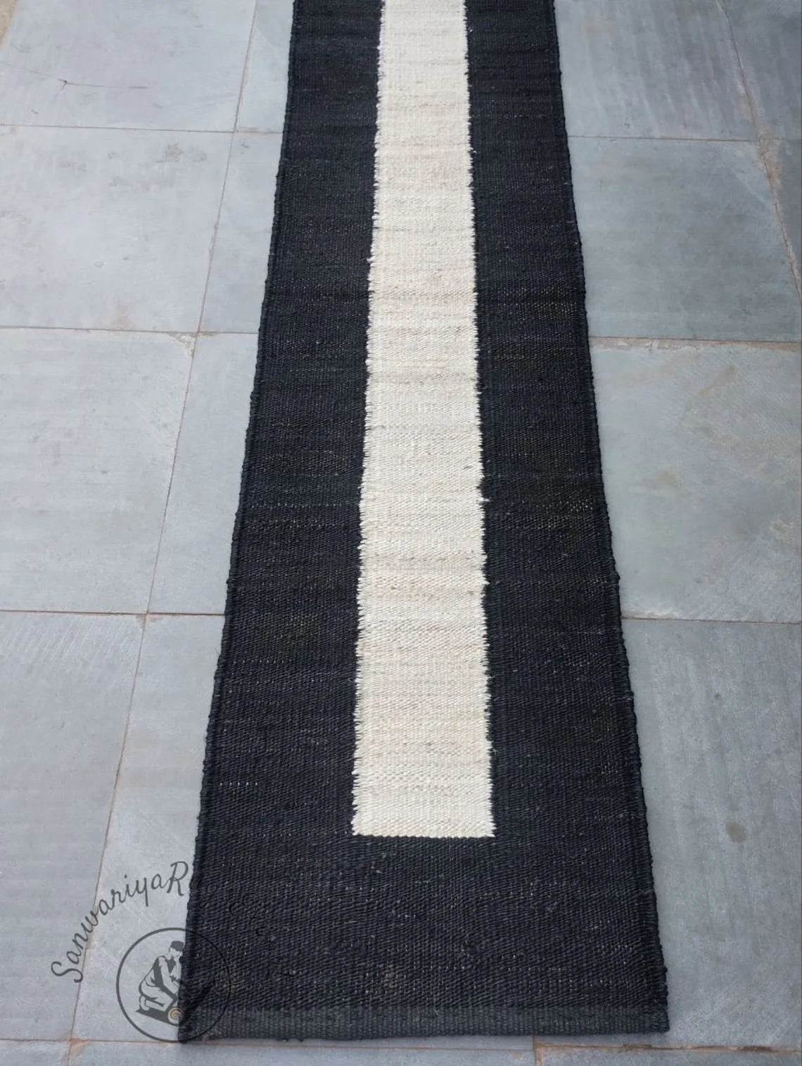 Handwoven Hemp Jute Runner with Black & Off-White Geometric Stripe Pattern