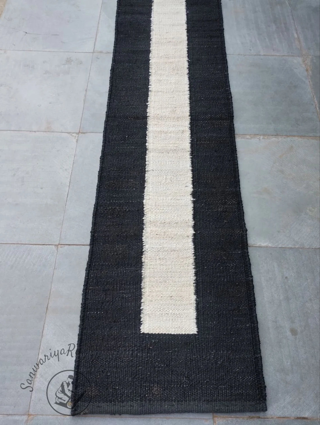 Handwoven Hemp Jute Runner with Black & Off-White Geometric Stripe Pattern