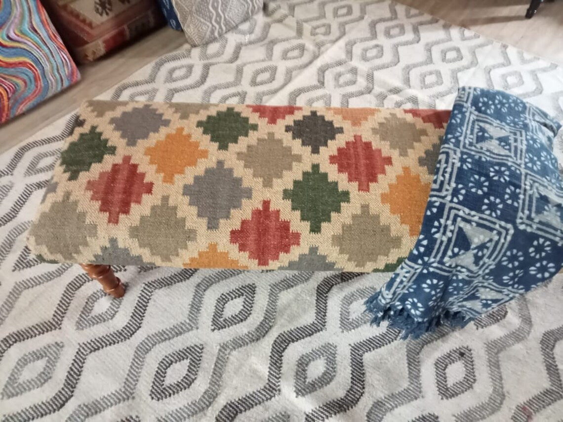 Handmade Kilim Bench – Wood Work Ottoman with Wool Jute Seat