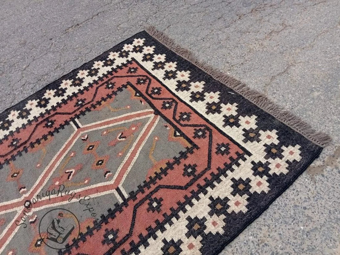 Vintage Kilim Wool Jute Area Rug – Handwoven Bohemian Floor Carpet for Living Room & Bedroom Décor