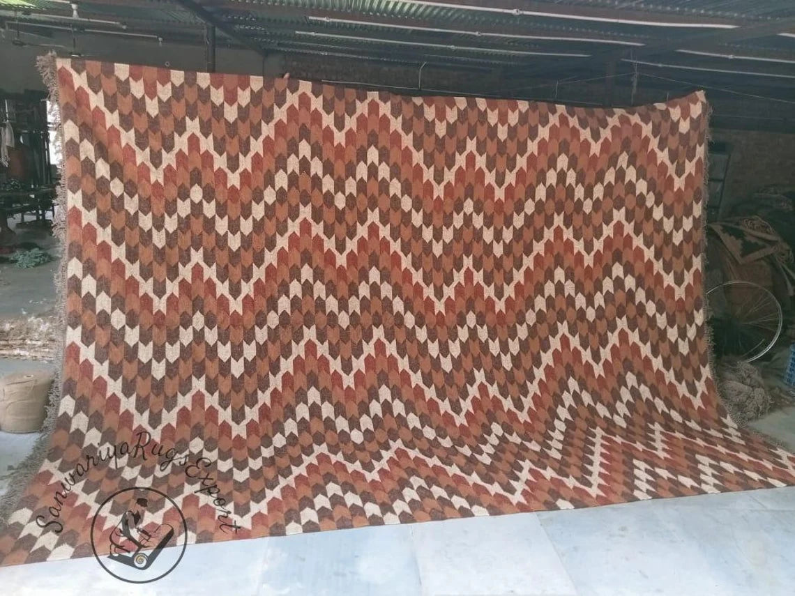 Vintage Wool Jute Kilim Rug – Large Bohemian Handmade Dhurrie Carpet