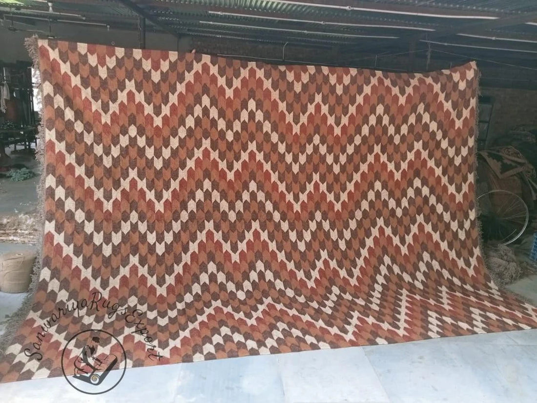 Vintage Wool Jute Kilim Rug – Large Bohemian Handmade Dhurrie Carpet