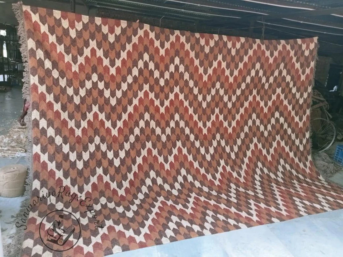 Vintage Wool Jute Kilim Rug – Large Bohemian Handmade Dhurrie Carpet