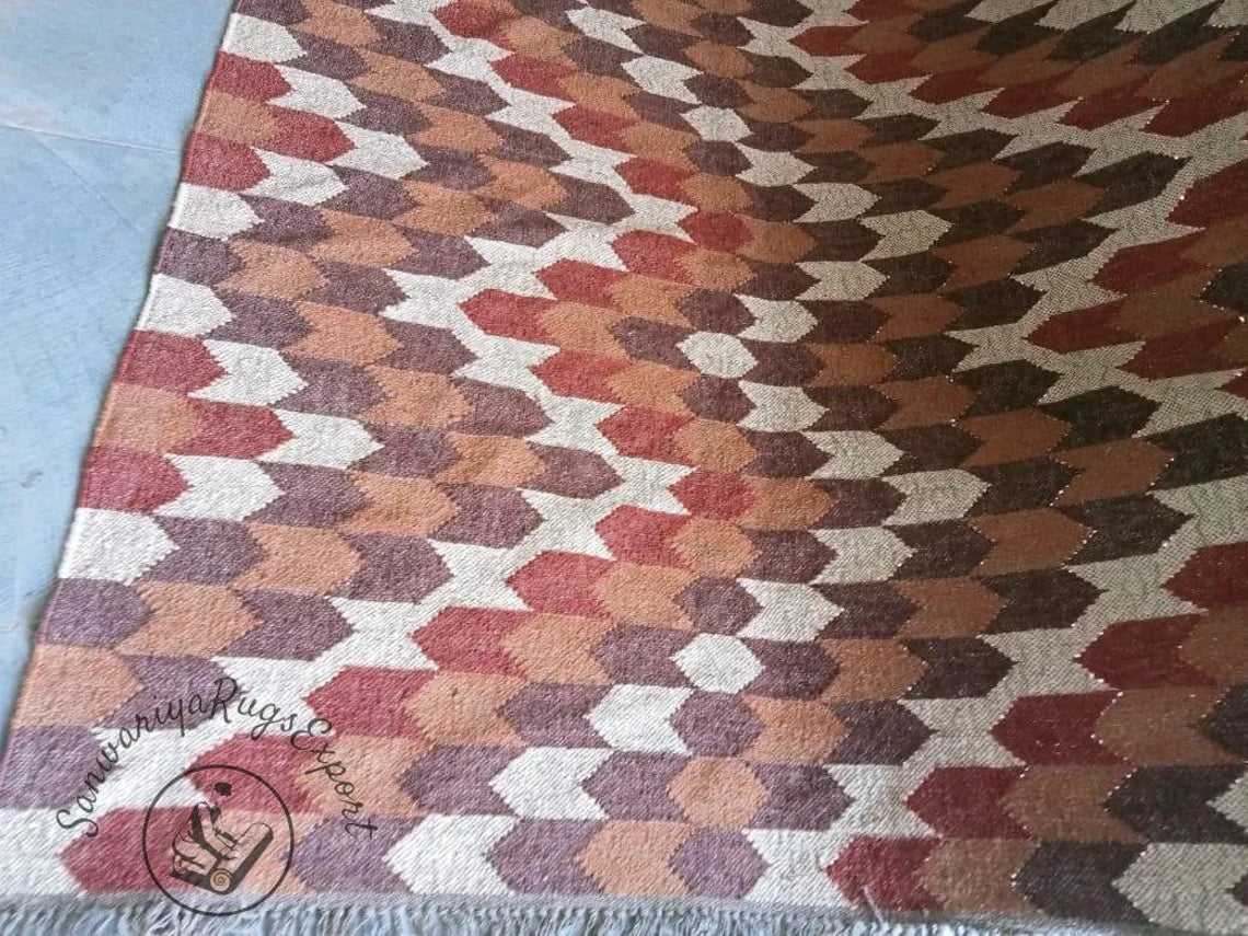 Vintage Wool Jute Kilim Rug – Large Bohemian Handmade Dhurrie Carpet