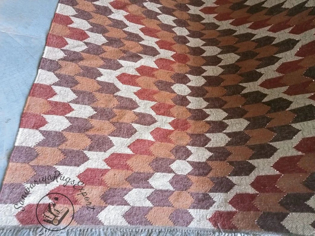 Vintage Wool Jute Kilim Rug – Large Bohemian Handmade Dhurrie Carpet