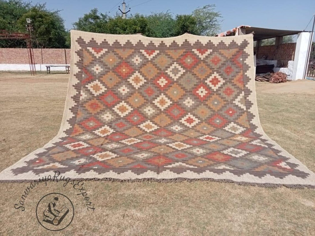 Kilim Wool Jute Multicolor Rug | Handmade Bohemian Area Carpet | Large Living Room Decor | Traditional Indian Dhurrie