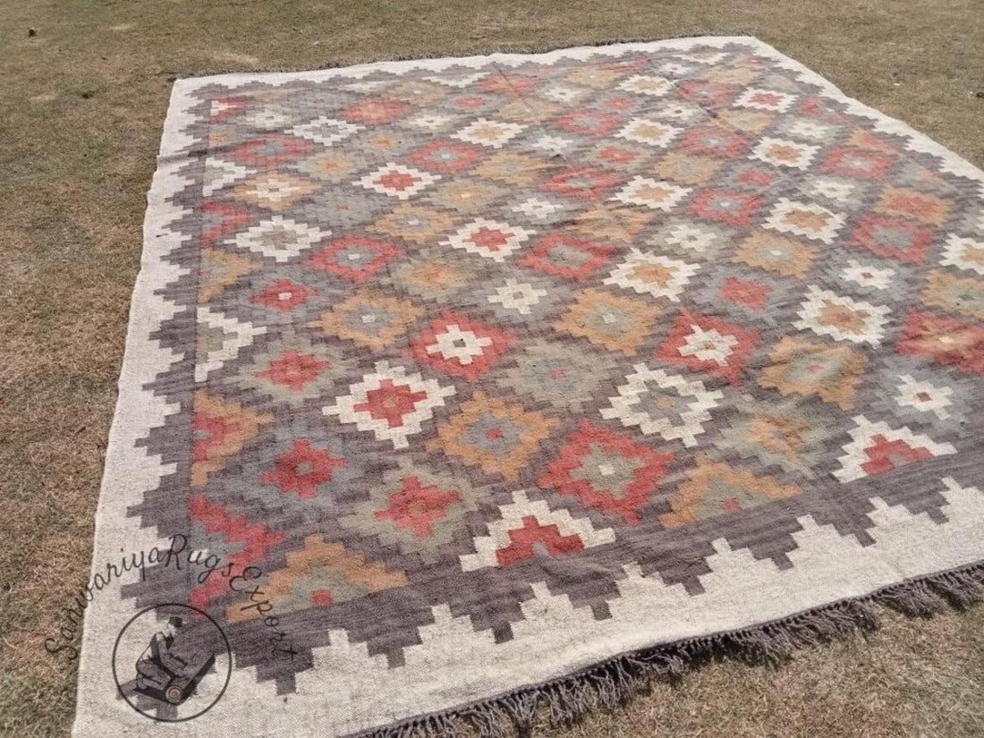Kilim Wool Jute Multicolor Rug | Handmade Bohemian Area Carpet | Large Living Room Decor | Traditional Indian Dhurrie