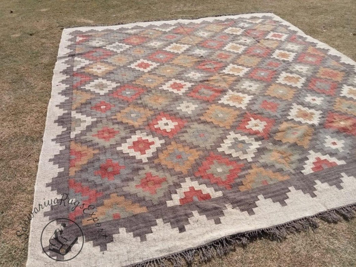 Kilim Wool Jute Multicolor Rug | Handmade Bohemian Area Carpet | Large Living Room Decor | Traditional Indian Dhurrie