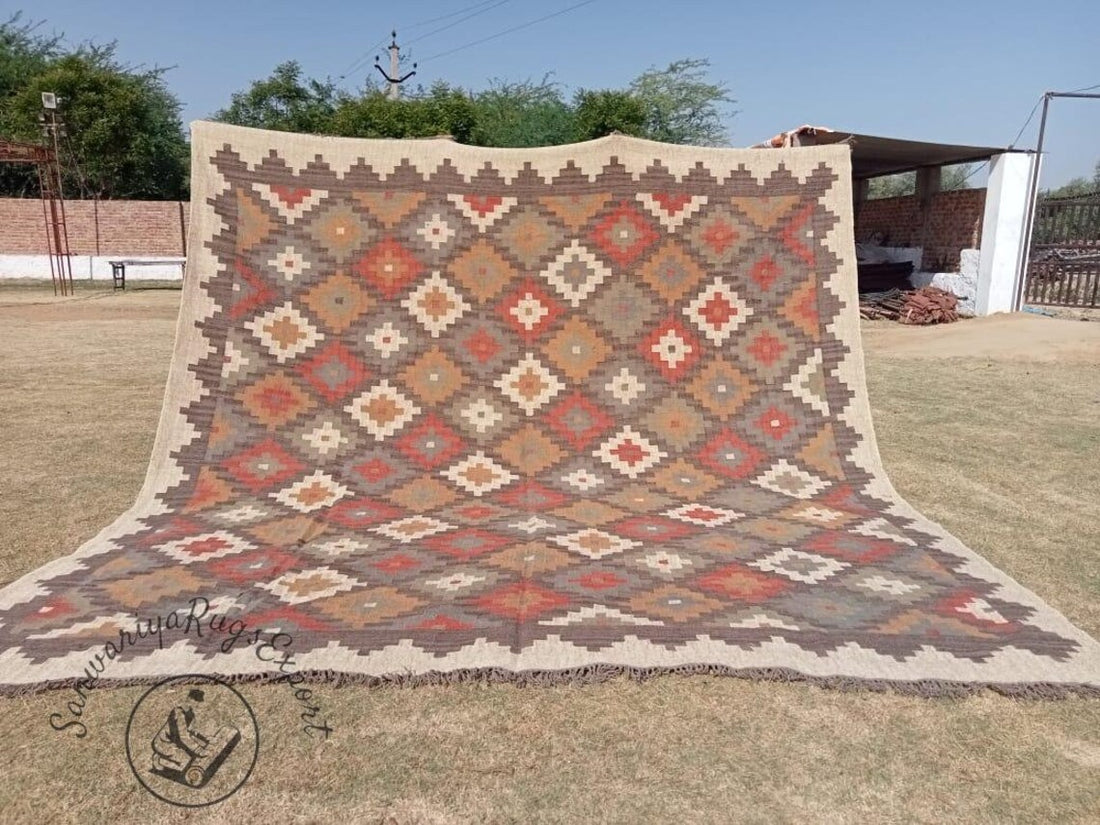 Kilim Wool Jute Multicolor Rug | Handmade Bohemian Area Carpet | Large Living Room Decor | Traditional Indian Dhurrie