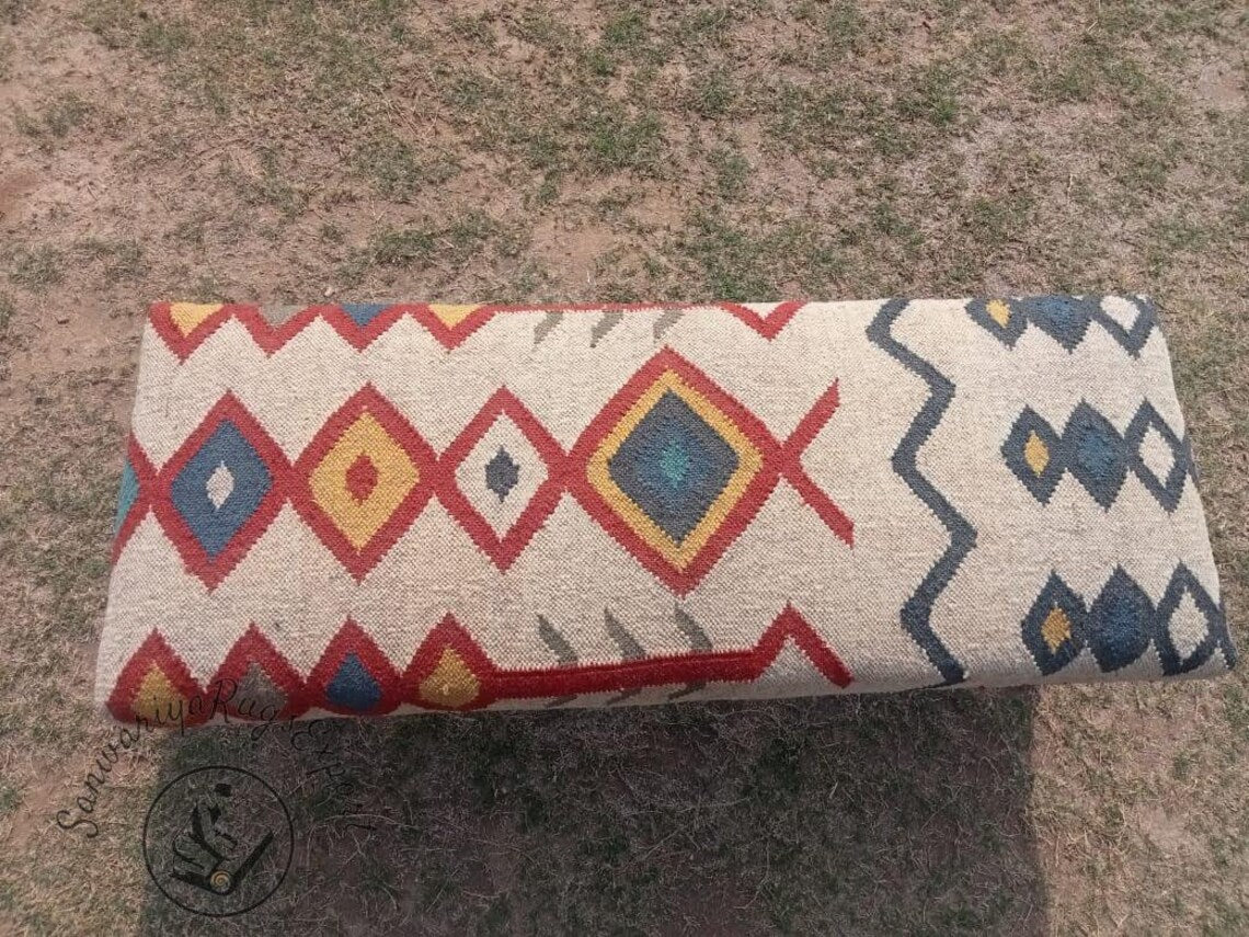 Handmade Kilim Rug Bench – Wool Jute Ottoman