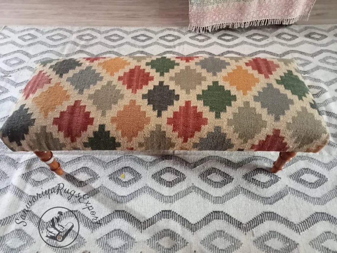 Cotton Bedroom Ottoman Bench – Handmade Wooden Upholstered Seat