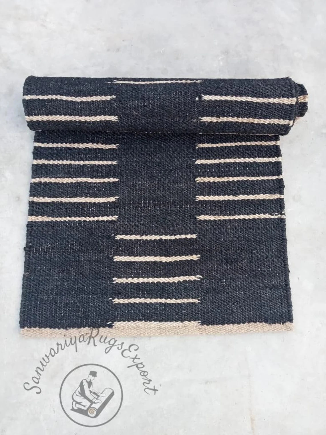 Black & White Line Jute Hemp Area Rug