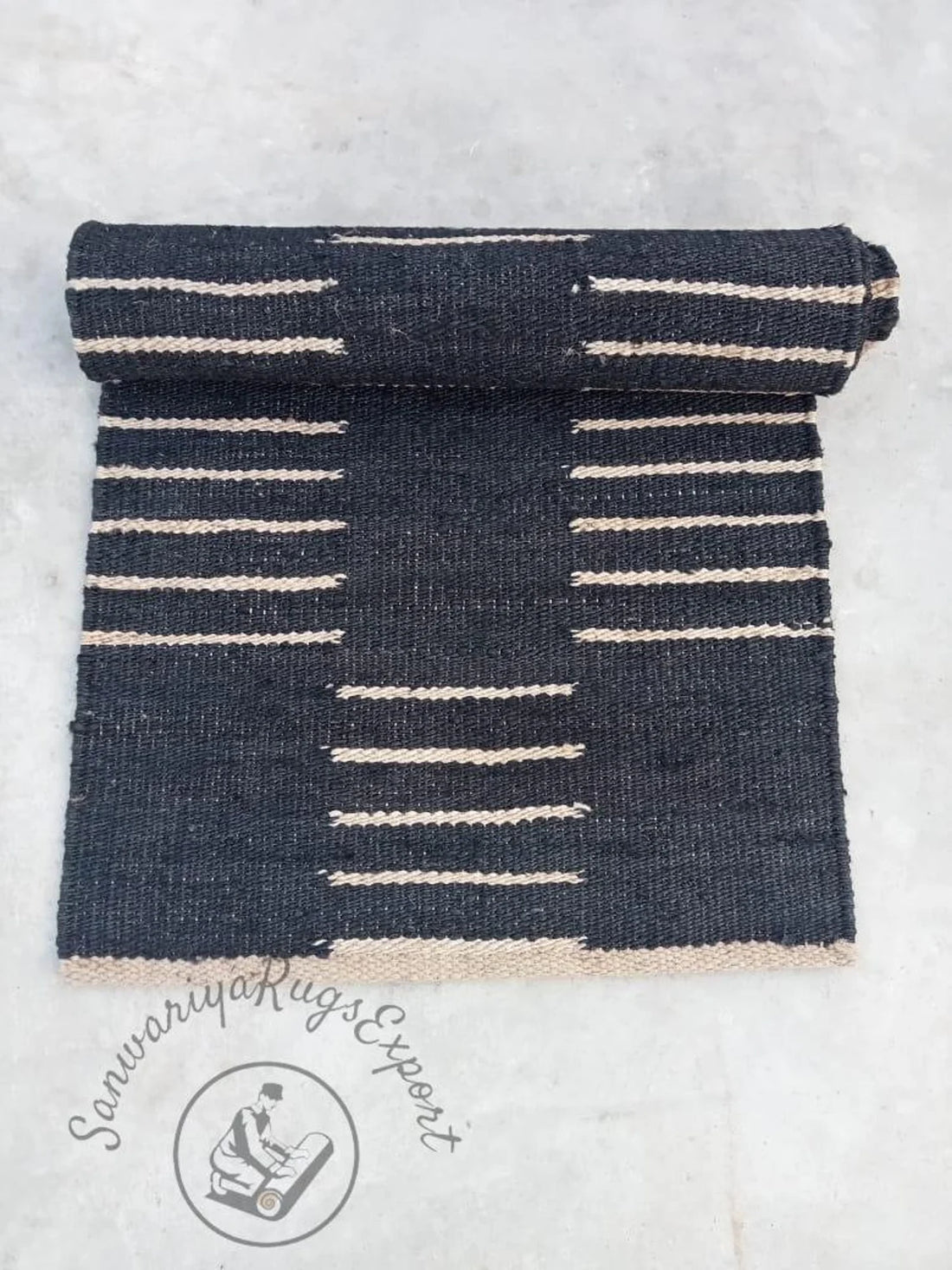 Black & White Line Jute Hemp Area Rug