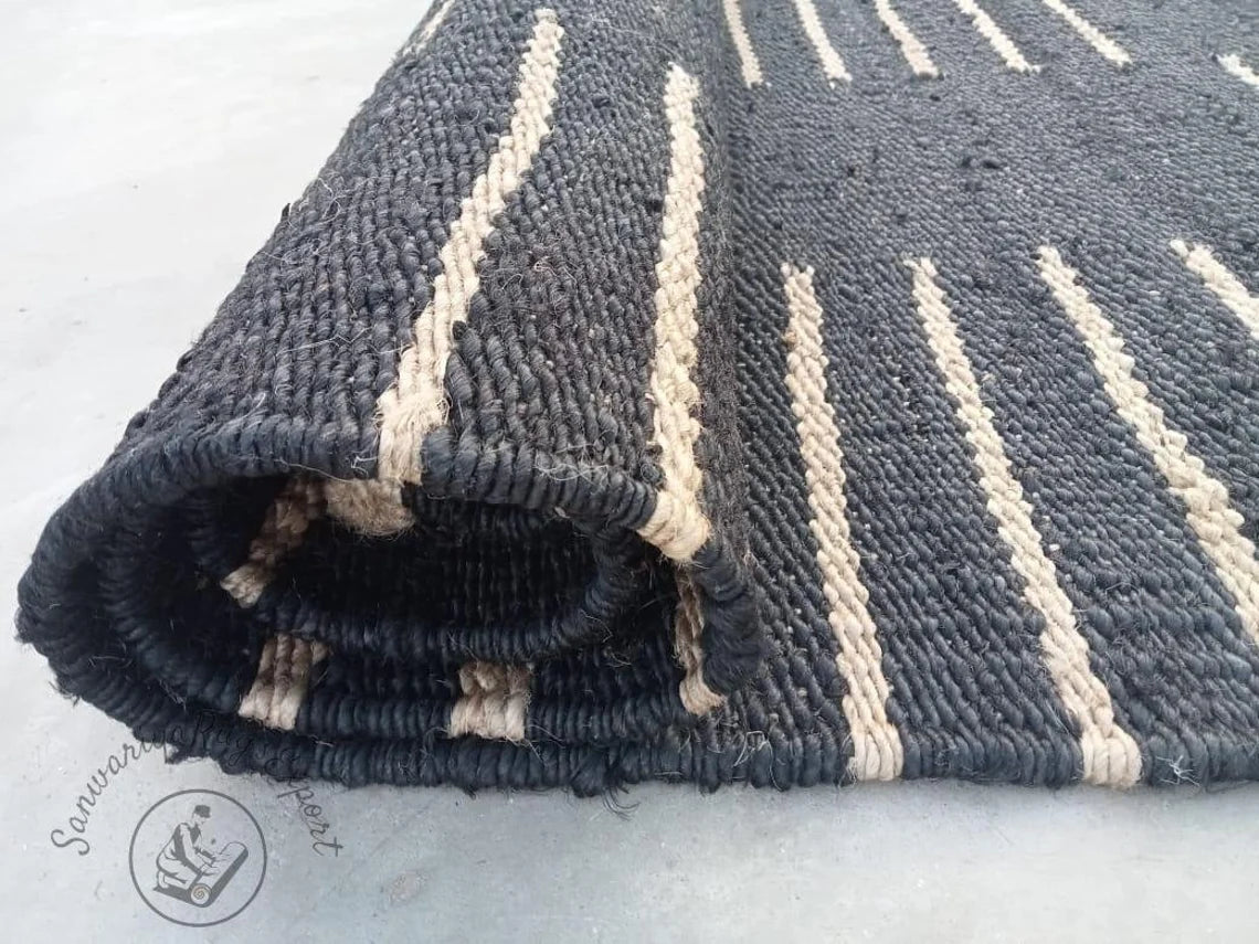 Black & White Line Jute Hemp Area Rug