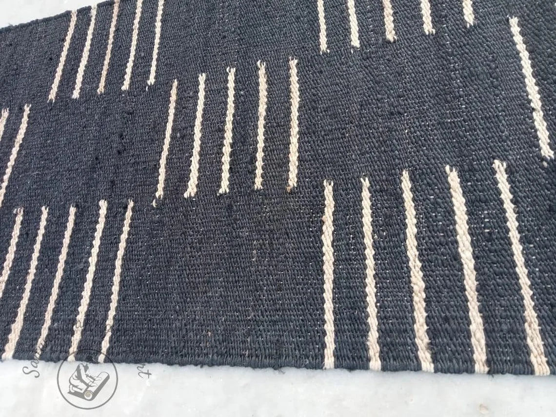 Black & White Line Jute Hemp Area Rug