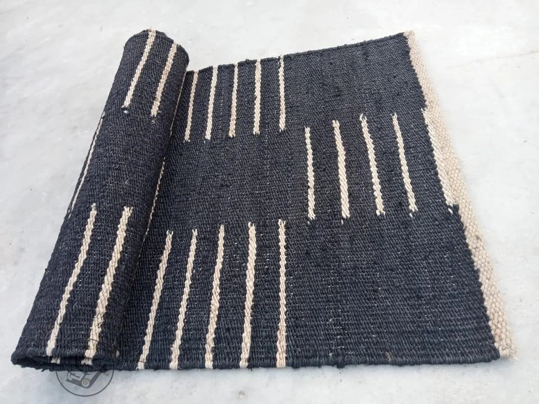 Black & White Line Jute Hemp Area Rug