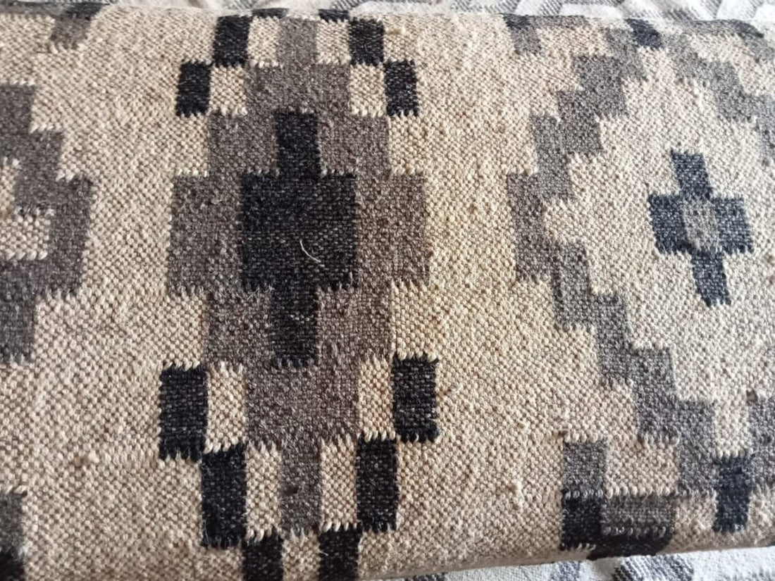 Handwoven Wool Jute Kilim Ottoman Bench, Wooden Upholstered Seat