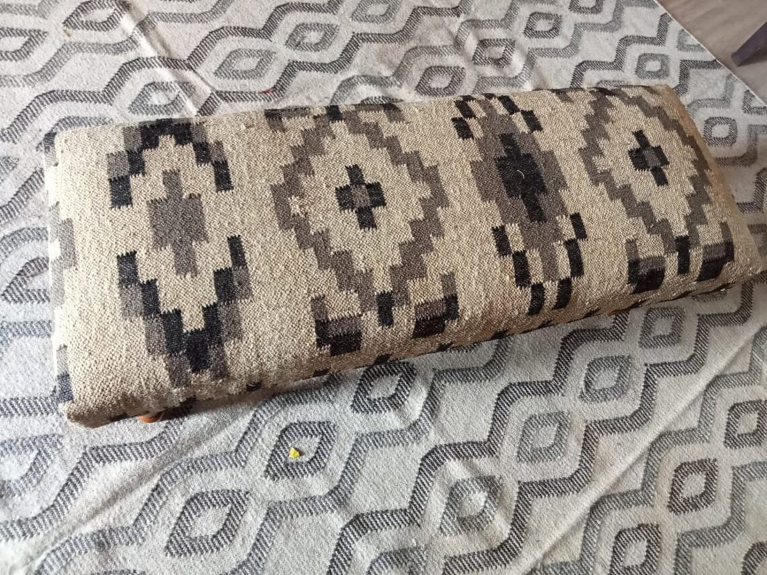 Handwoven Wool Jute Kilim Ottoman Bench, Wooden Upholstered Seat