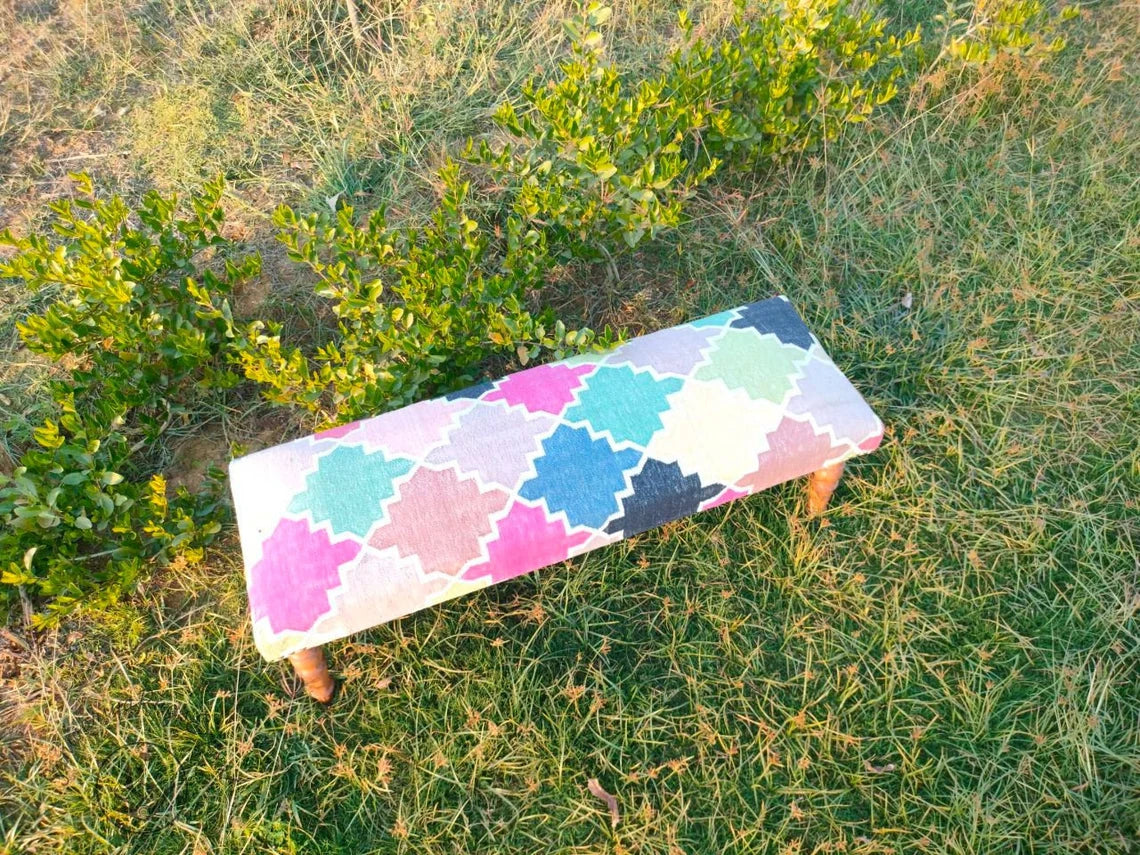Kilim Bench Ottoman | Handcrafted Wooden Base with Traditional Kilim Upholstery