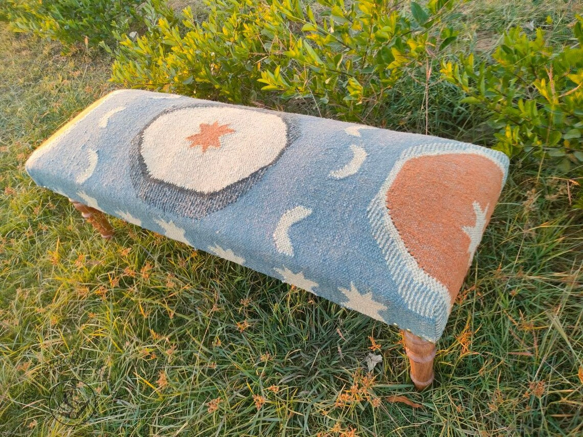 Kilim Bench Handmade Upholstered Ottoman  Wood Work Entryway Bench