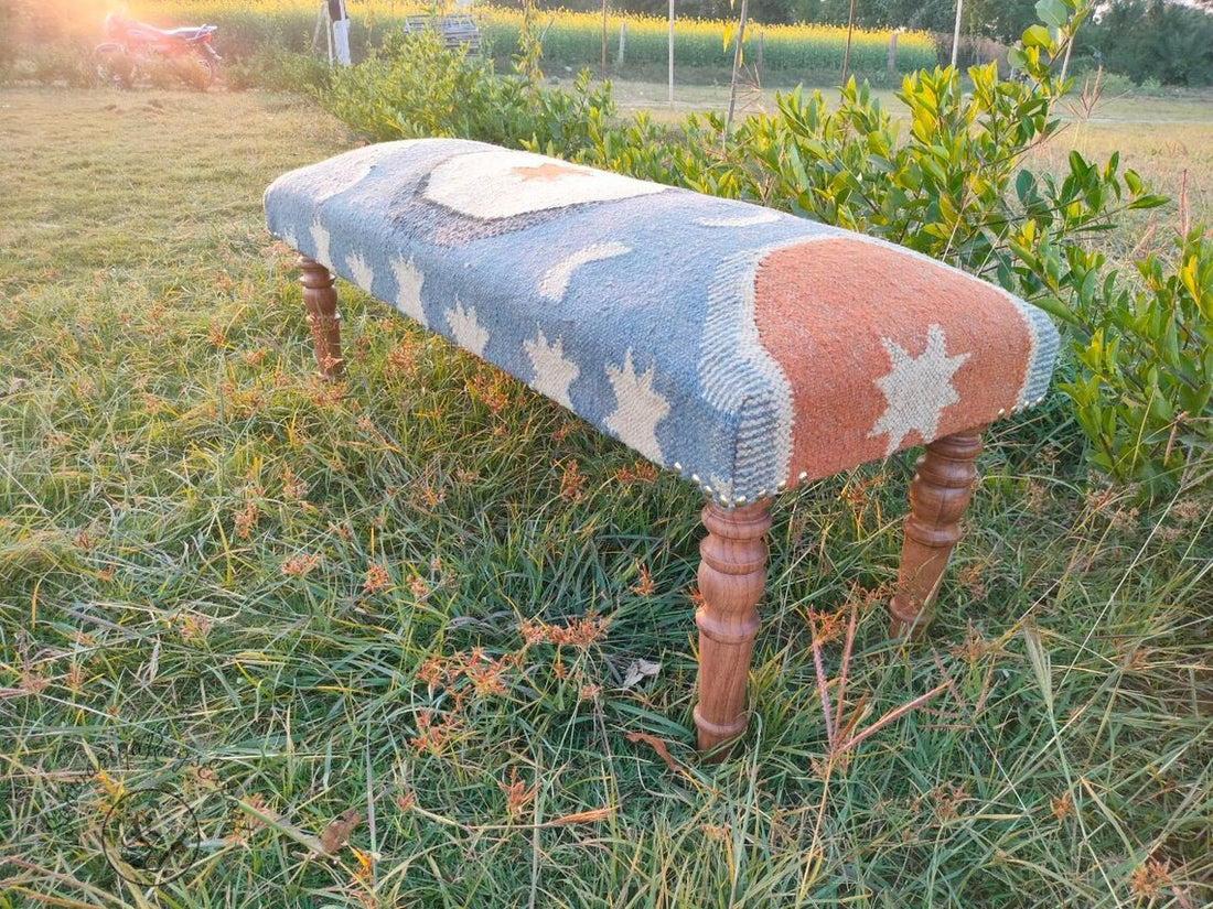 Kilim Bench Handmade Upholstered Ottoman  Wood Work Entryway Bench