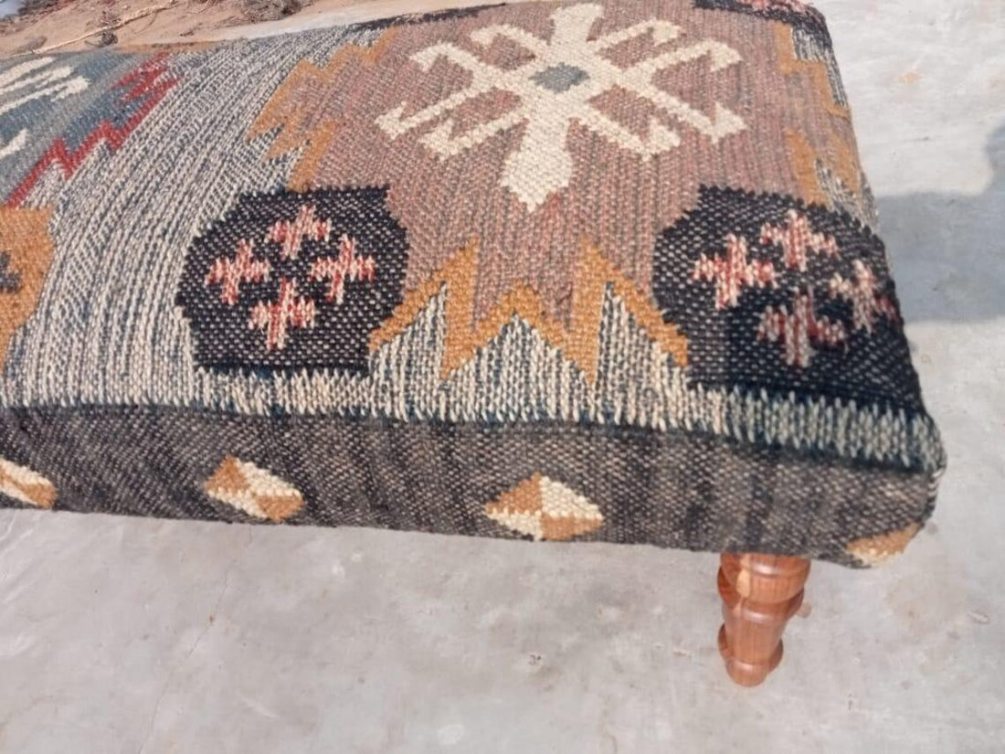 Kilim Bench Ottoman | Handcrafted Wooden Accent Bench with Vintage Kilim Upholstery