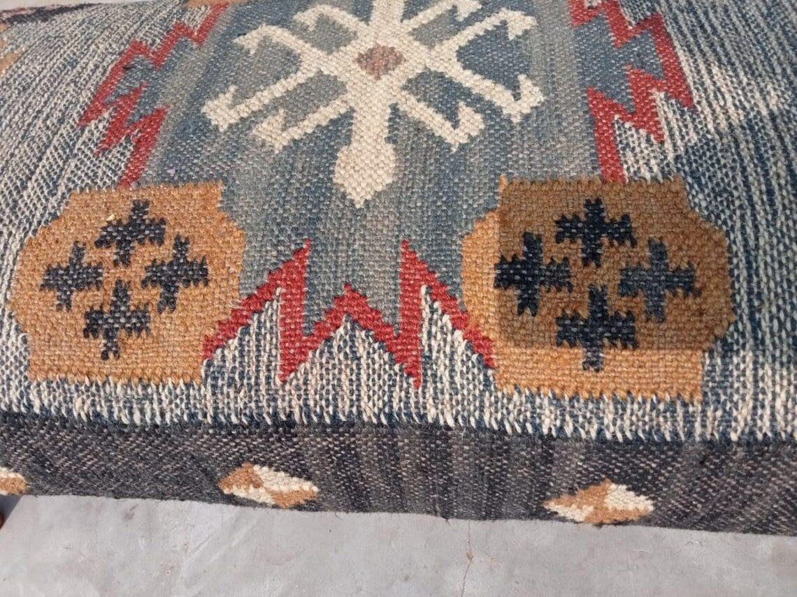 Kilim Bench Ottoman | Handcrafted Wooden Accent Bench with Vintage Kilim Upholstery