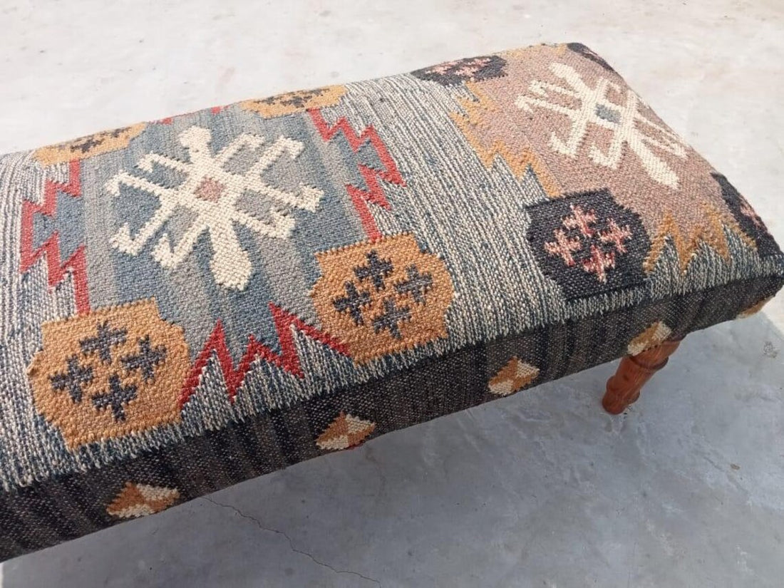 Kilim Bench Ottoman | Handcrafted Wooden Accent Bench with Vintage Kilim Upholstery