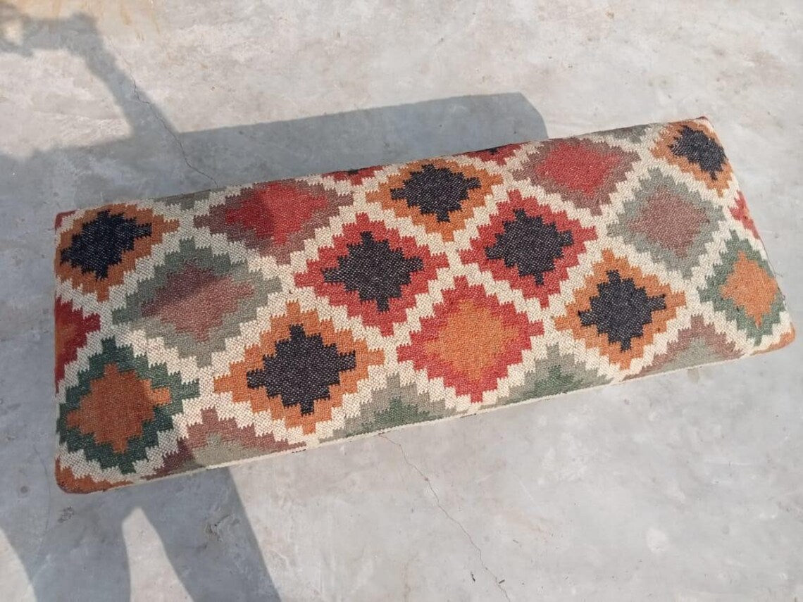 Kilim Bench Wood Work Ottoman – Handmade Wool Jute Furniture