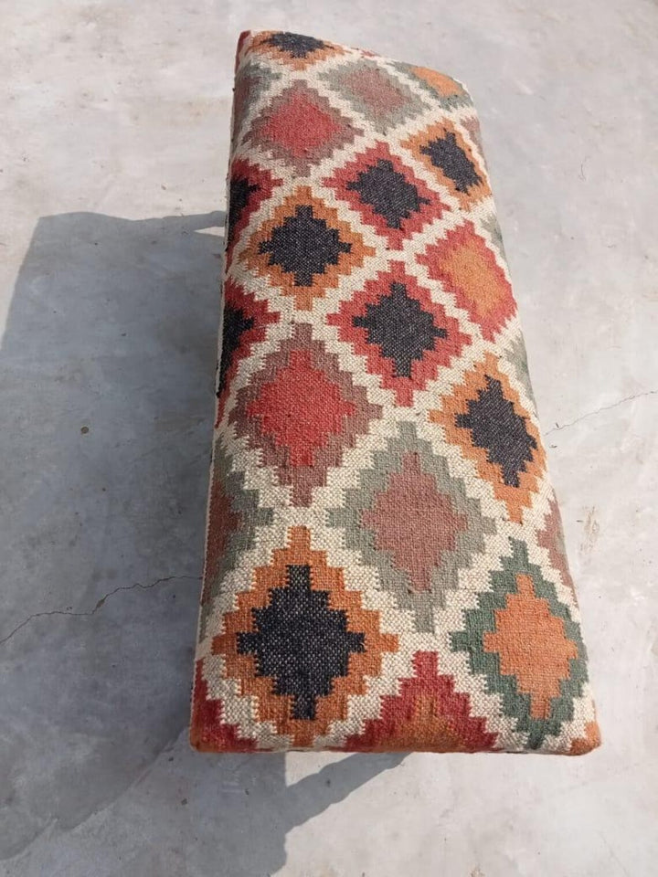 Kilim Bench Wood Work Ottoman – Handmade Wool Jute Furniture