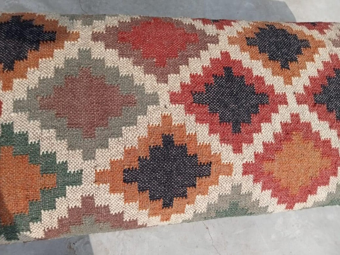 Kilim Bench Wood Work Ottoman – Handmade Wool Jute Furniture