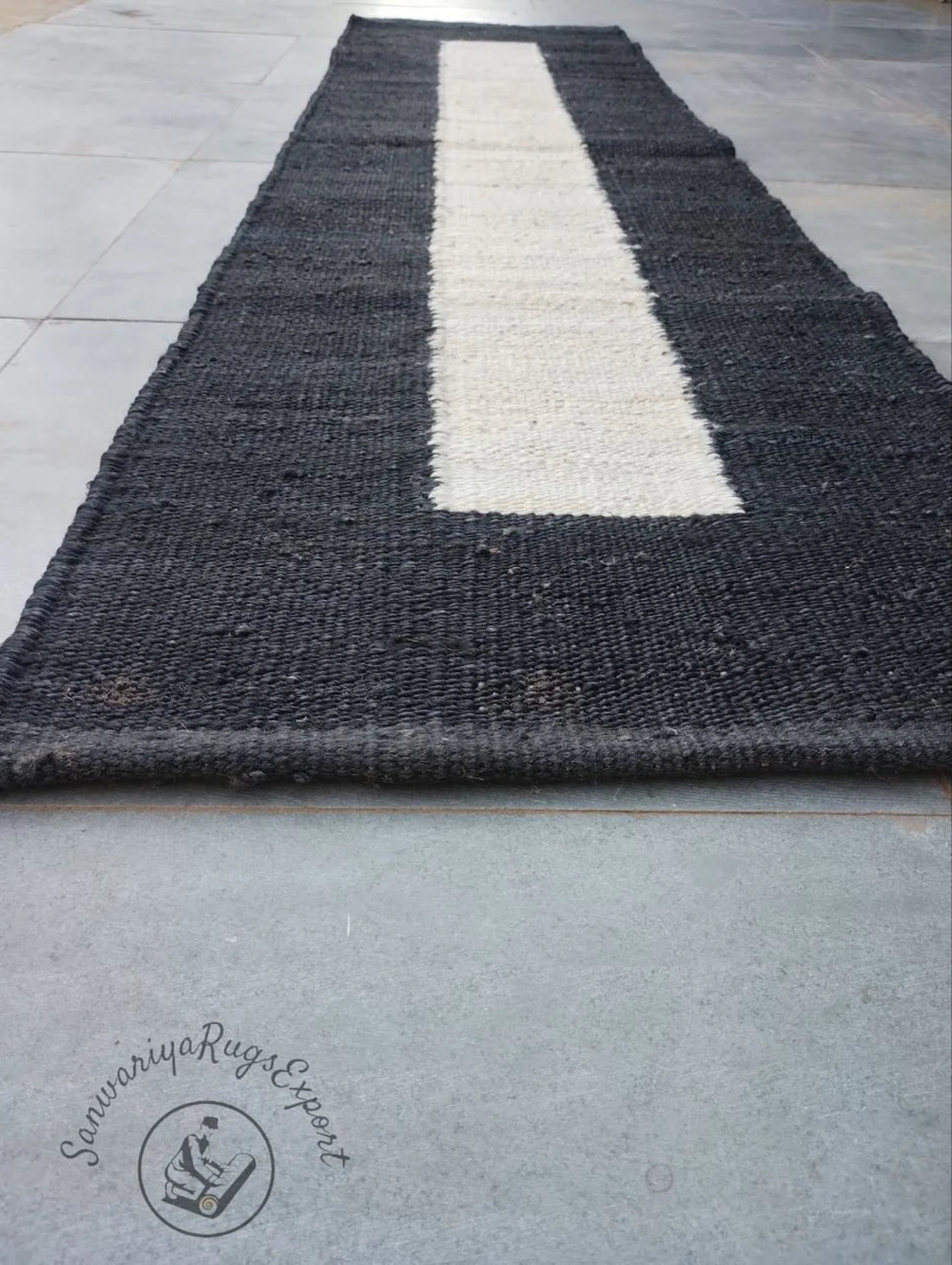 Handwoven Hemp Jute Runner with Black & Off-White Geometric Stripe Pattern