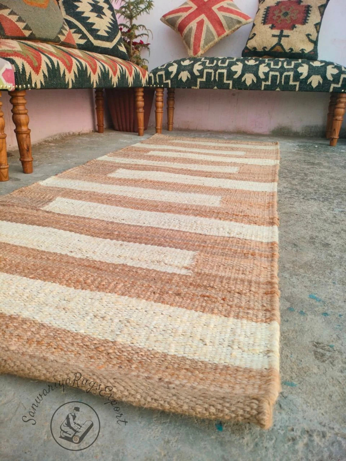 Handmade Natural & Off-White Hemp Jute Runner Rug | Handwoven Textured Hallway Runner