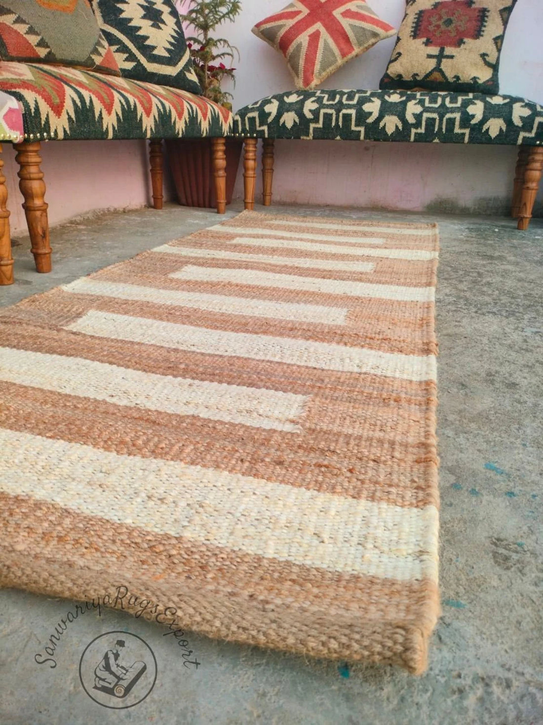 Handmade Natural & Off-White Hemp Jute Runner Rug | Handwoven Textured Hallway Runner