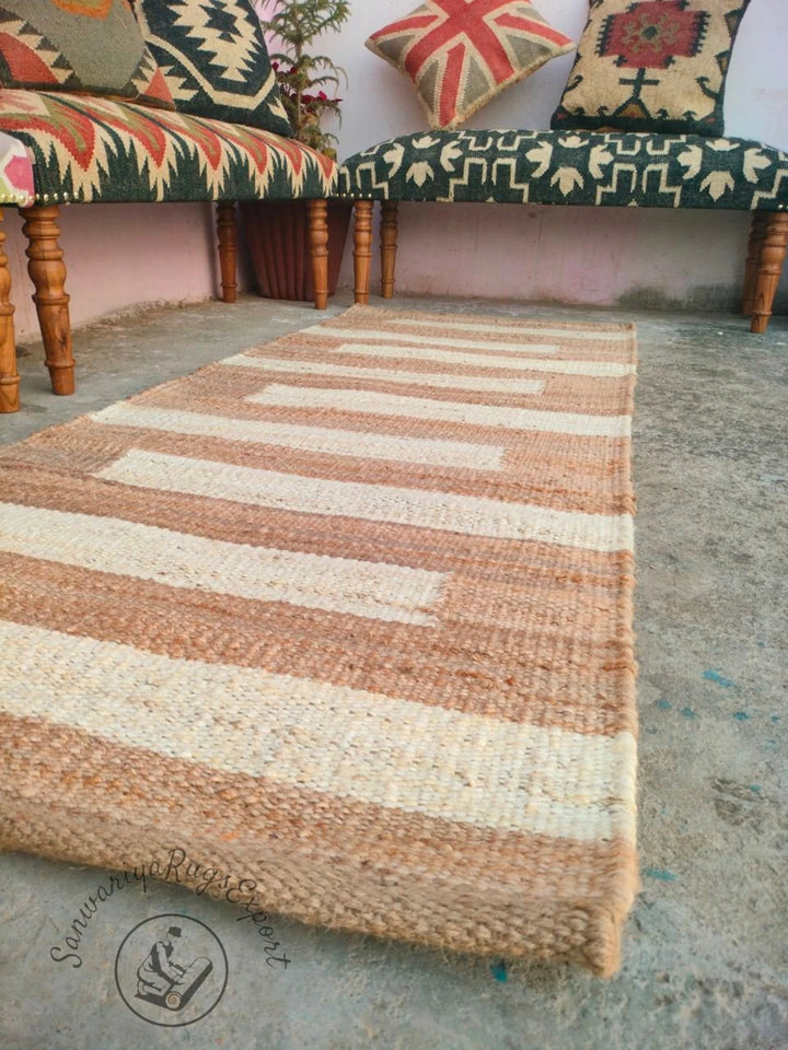 Handmade Natural & Off-White Hemp Jute Runner Rug | Handwoven Textured Hallway Runner