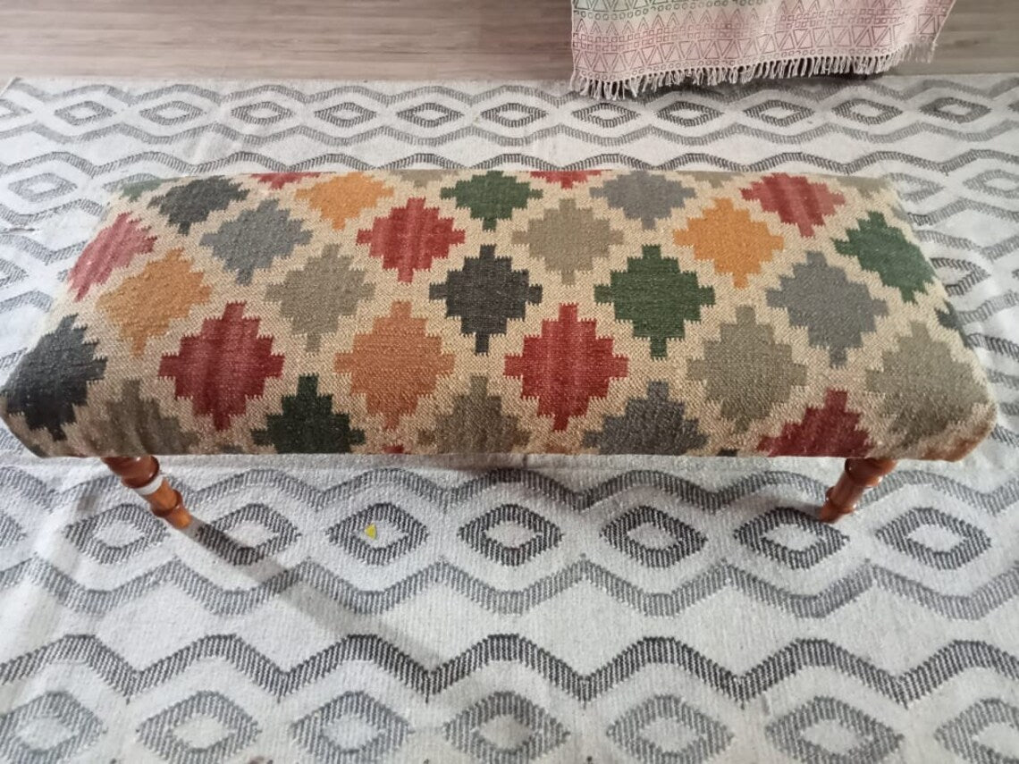 Handmade Kilim Bench – Wood Work Ottoman with Wool Jute Seat