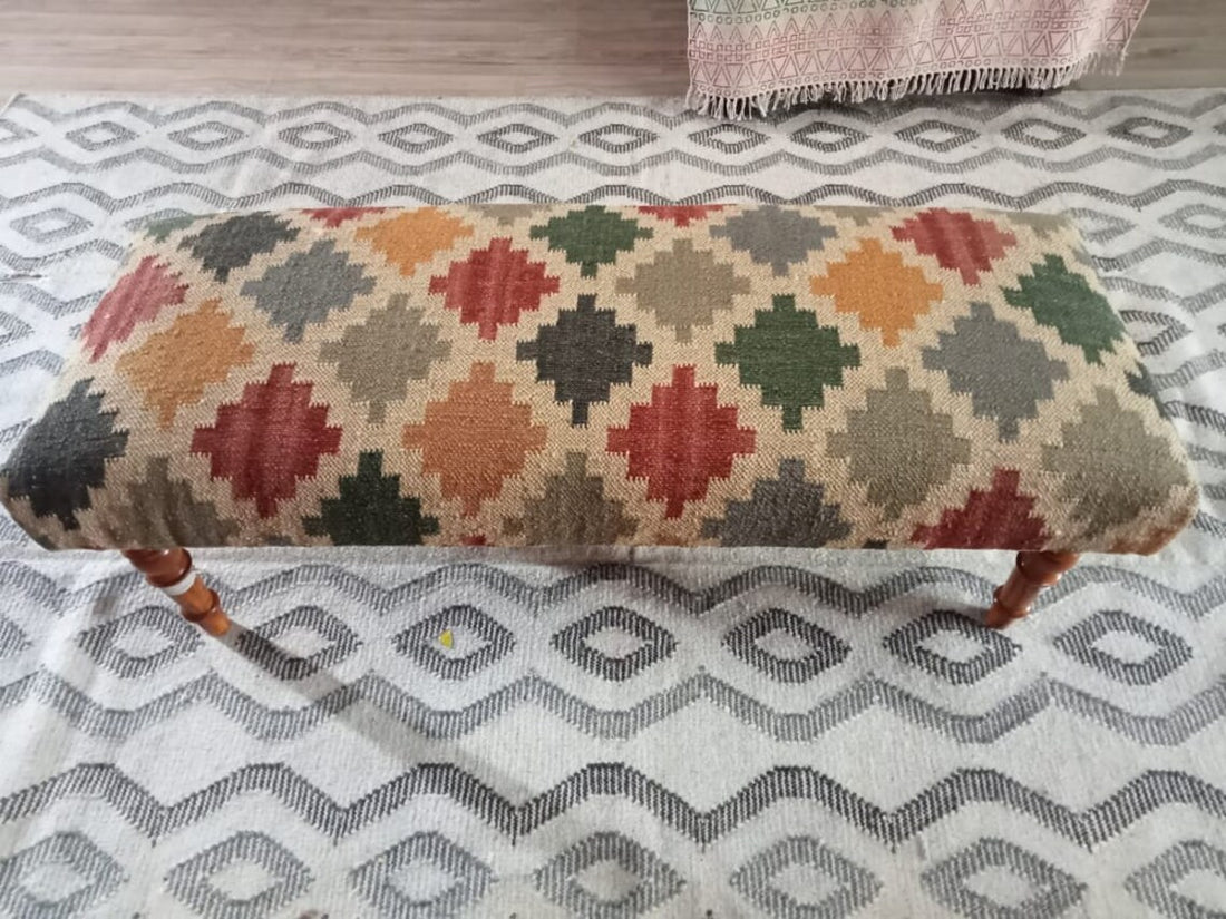 Handmade Kilim Bench – Wood Work Ottoman with Wool Jute Seat