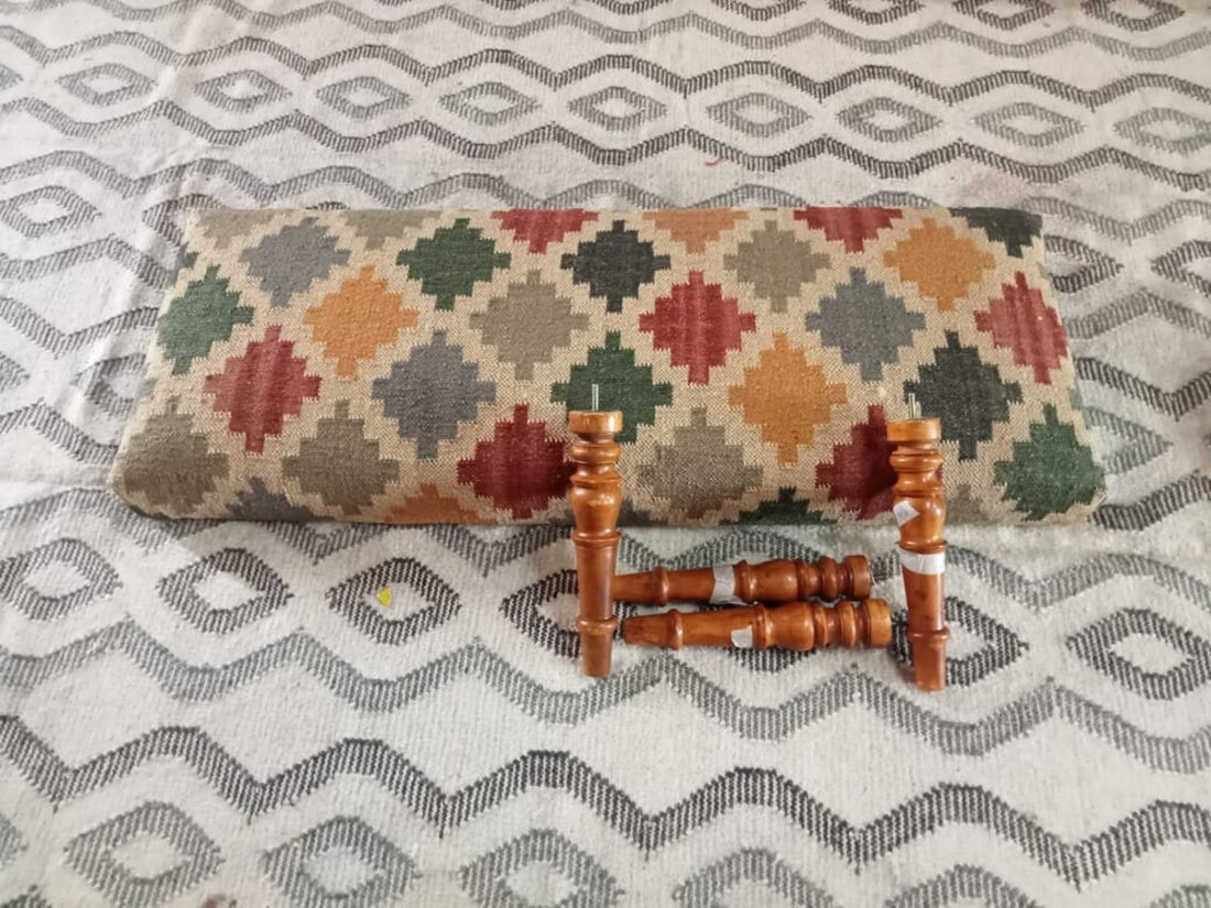 Handmade Kilim Bench – Wood Work Ottoman with Wool Jute Seat