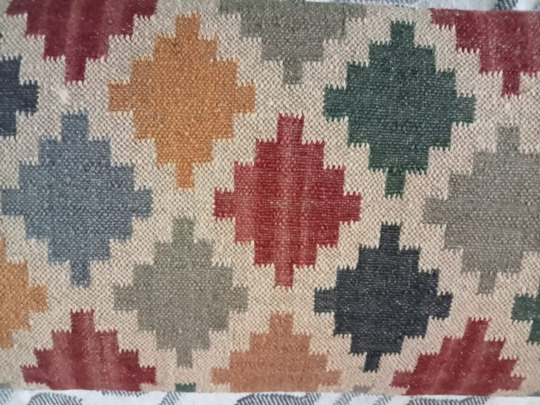 Handmade Kilim Bench – Wood Work Ottoman with Wool Jute Seat