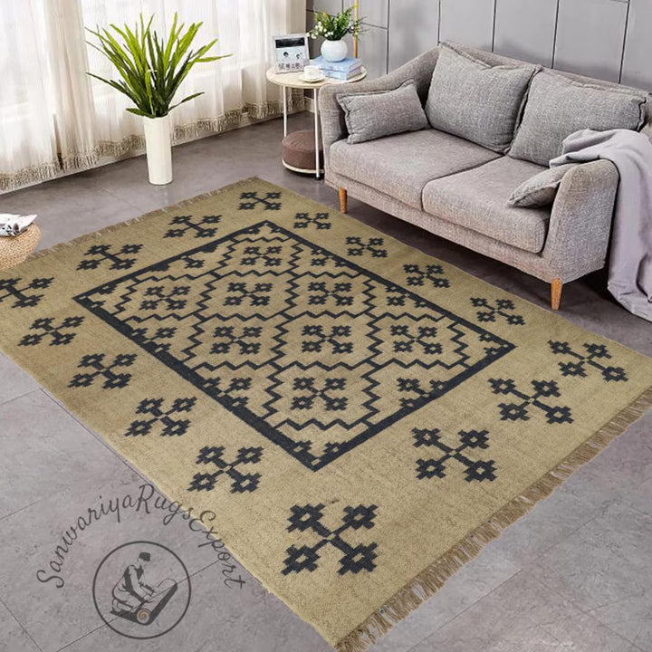 Handmade Wool Jute Kilim Rug – Geometric Indian Dhurrie