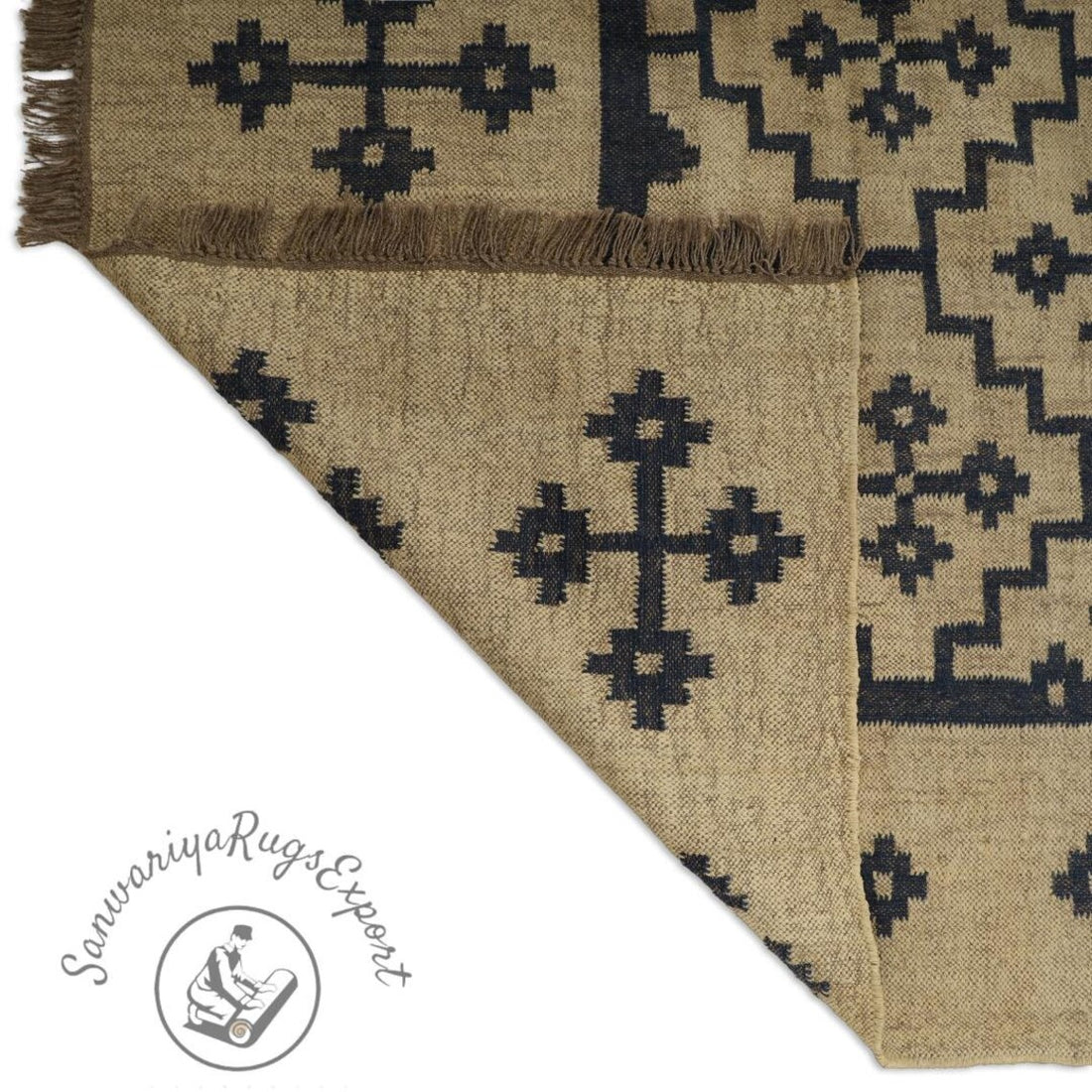 Handmade Wool Jute Kilim Rug – Geometric Indian Dhurrie