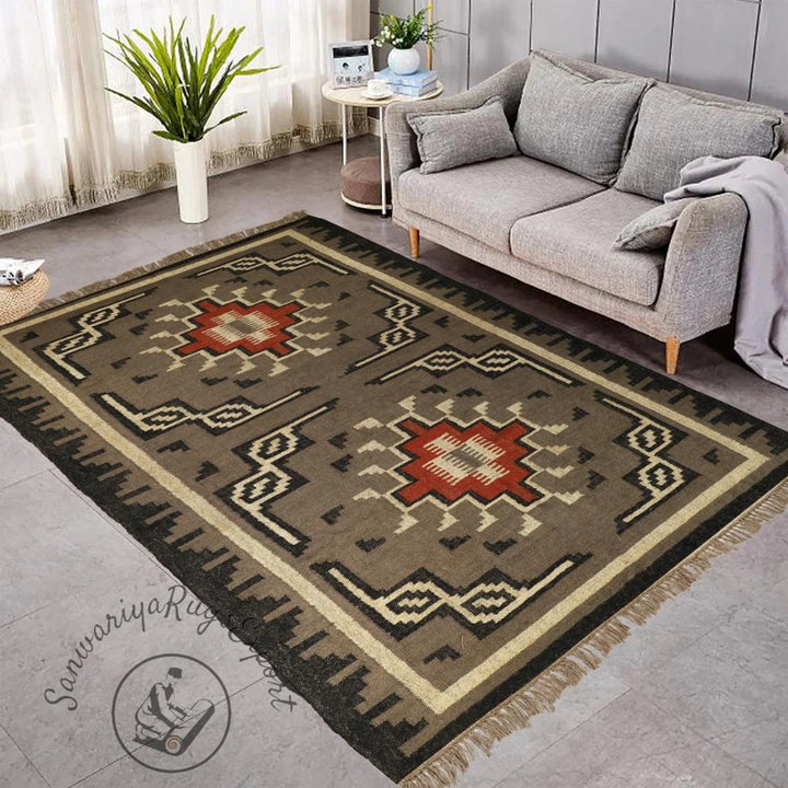 Handmade Kilim Rug | Wool and Jute Handwoven Dhurrie | Traditional Indian Carpet