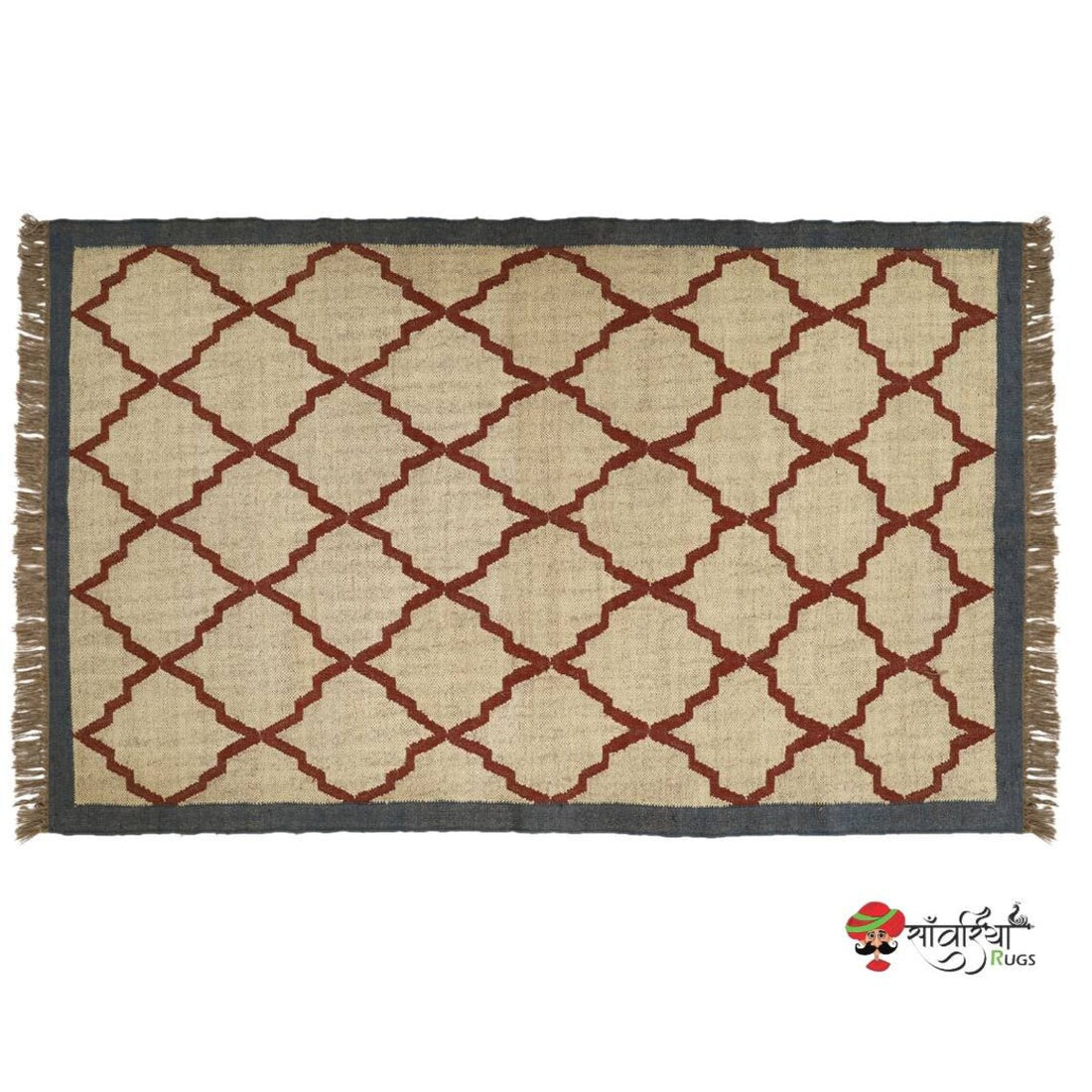Handwoven Wool Jute Kilim Rug – Traditional Indian Dhurrie with Geometric Motifs